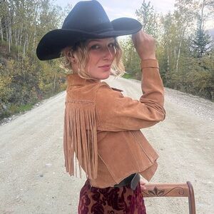 BROWN FRINGED CROPPED LEATHER COAT SZ M